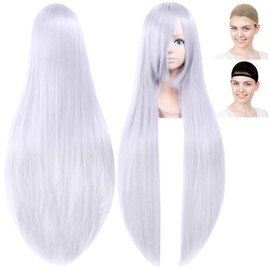 CaseEden 6129 Premium Cosplay Wig, Smooth, Long, Straight 39.4 inches (100 cm), Silver, Silver Hair