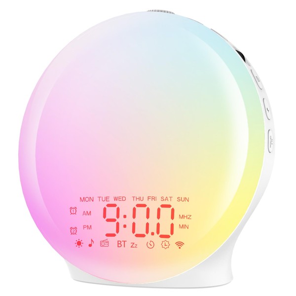 Bluetooth Light Alarm Clock, Daylight Alarm Clock, Wake Up Light with Sunrise Sunset Simulation, 17 Colour Light, 22 Sleeping Sounds, Snooze, Two Alarms, FM Radio, for Heavy Sleepers and Children