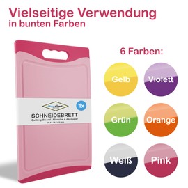 MaxxGoods Plastic Chopping Board with Juice Groove and Handle - Antibacterial - Chopping Board, Plastic Board Can Be Used on Both Sides, Dishwasher Safe - Pink, 28 x 19.5 x 0.8 cm