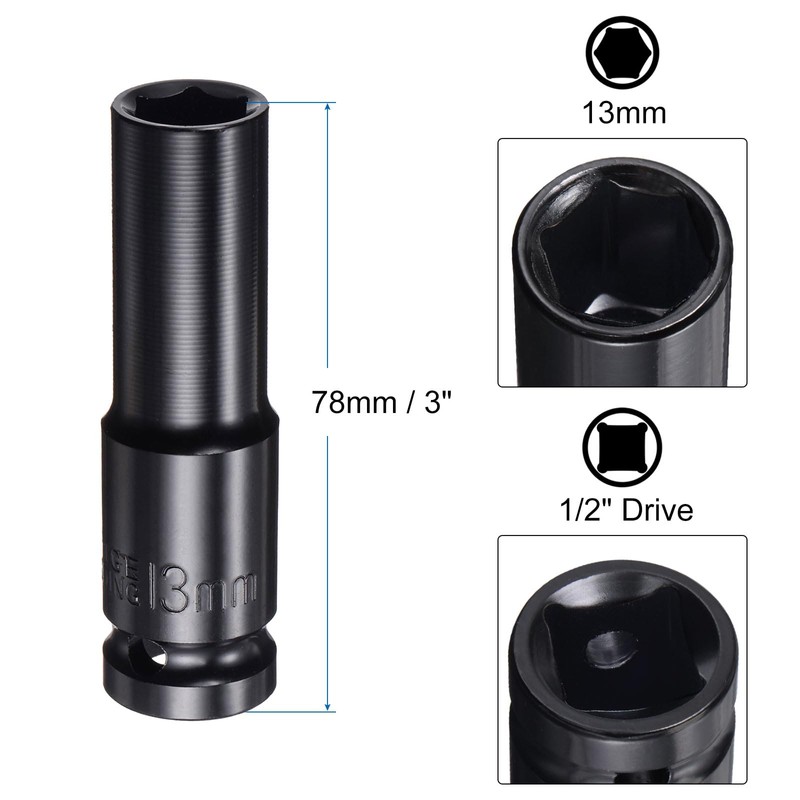 sourcing map 1/2" Drive 13mm 6-Point Deep Sockets 3" Length