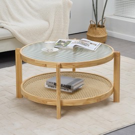 VVSHRIV Rattan Coffee Table, 2-Tier Solid Wood Coffee Table with Glass Top and PE Rattan Storage Shelf, Modern Round Coffee Table for Living Room, Office, Natural