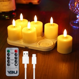 YBU Rechargeable Flameless Flickering Tea Light Candles with Remote & Timer Long Lasting 100+Hours for Home, Restaurants,Wedding Decor,(6pcs,Amber)