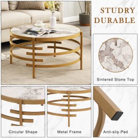 Round Coffee Table Sintered Stone - LifeSky 32 inch Circle Center Coffee Table with Metal Frame - Modern Circular Coffee Tables for Living Room Gold