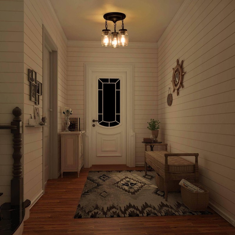 LALUZ Mason Jar Flush Mount Ceiling Light, 3-Light Black Farmhouse