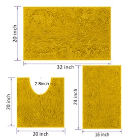 RUN HELIX Chenille Bath Mat, Non Slip Extra Soft Bath Toilet Mat 3 Pieces, Super Absorbent Bath Rug for Bathroom, Bedroom, Shower and Tub, Washable Quick Drying Bathroom Mat Turmeric