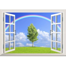 Paintings Wallpaper Poster (Removable Sticker) - Window Scenery - Rainbow Sky Clouds Green Harmony Rainbow Arch [Window Specifications/Trick Art] Caracro SRBW-003MA1 (A1 Edition, 32.7 x 23.0 inches (830 x 585 mm) Architectural Wallpaper + Weather Resista