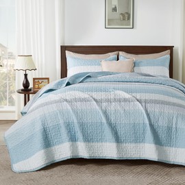Andency King Size Quilt Set Aqua Blue, 3 Pieces Summer Ultra Soft Lightweight Bedspreads & Coverlets Set, Patchwork Striped Quilted Bedding Sets for All Seasons (1 Quilt, 2 Pillow Shams)