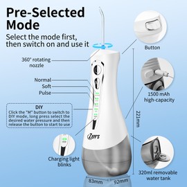 Zeffs Dental Water Flosser, 320ml Detachable Tank, Advanced IPX7 Waterproof Design, Rechargeable & Long Battery Life, Portable Premium Oral Irrigator, 360° Rotating Nozzle, Travel Bag with 5 Tips