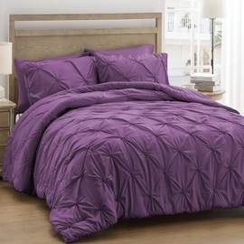 UNIKOME King Size Comforter Set Purple - Soft Fluffy Pintuck Down Alternative Bedding Set for All Seasons, 3 Pieces Pinch Pleat Solid Bed Set with Comforter, 2 Pillowcases