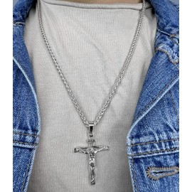 ORENTINI 3.5mm 22.5" Figaro Chain Necklace With 18K Gold or 925 Silver Plated Cross Pendant with Jesus INRI Crucifix and Lobster-Claw-Clasp for Men, Women With Gift Box, 925 Sterling Silver Plated, No