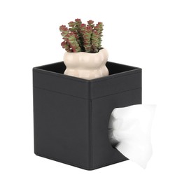 Decorative PU Leather Tissue Box Cover,Square Holder with Storage Tray, Black