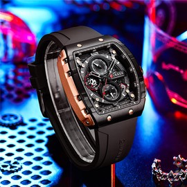 MASTOP Men's Chronograph Outdoor Sports Watch Waterproof Luminous Military Watch for Men Tonneau Quartz Silicone Strap Wristwatch (Black)