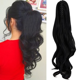 OMGREAT Ponytail Extension 18" Long Straight Curly Claw Ponytail Hair Extension One Piece Clip in on Ponytail Synthetic Hairpieces Curly Dark Black