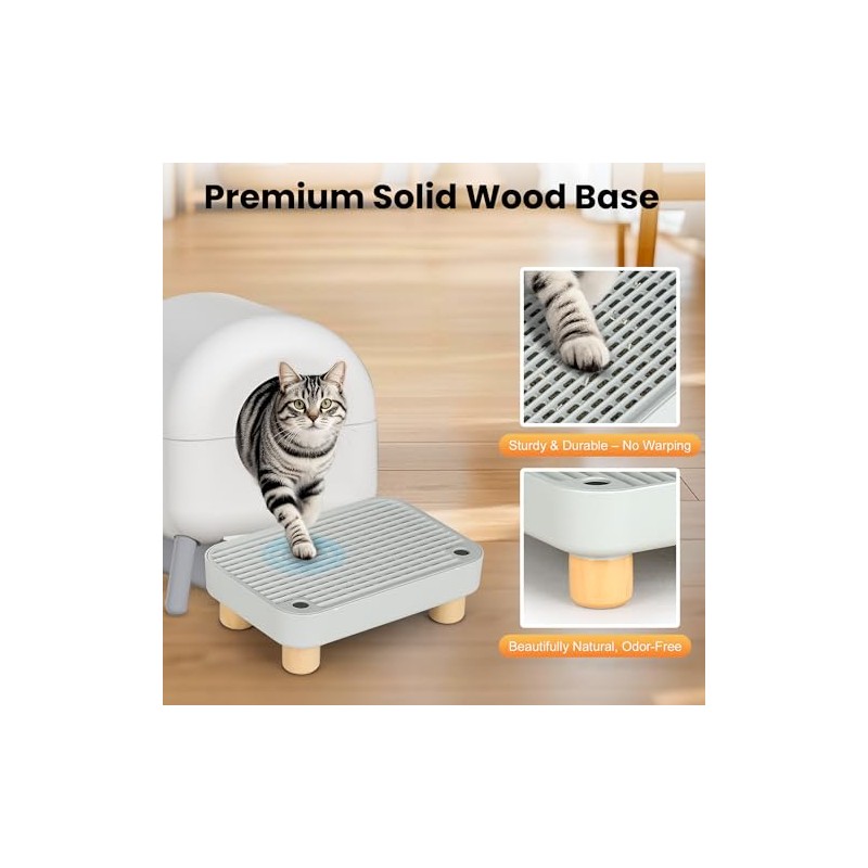 Litter Box Step, Litter Box Ramp/Catcher with Wooden Base, Anti-Tracking