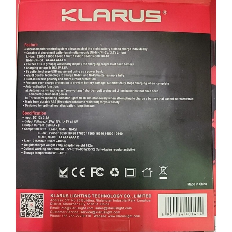 KLARUS New Klarus C8 8-Bay Capacity Universal Battery Charger KLGC-01B-01
