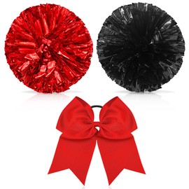 Set of 3 12 Inch Cheerleading Pom Poms and Large Cheerleader Ponytail Bow Holder for Girl Large Metallic Cheerleader Pom Poms for Sports Team Cheering (Red and Black, Red)
