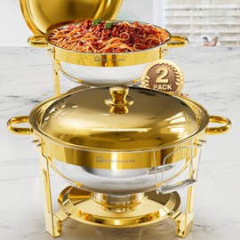 WARMOUNTS Gold Chafing Dishes for Buffet (5QT, 2 Pack), Round Chafers and Buffet Warmers Sets with Lid Holder, Food-Grade Stainless Steel, Rolled Edge Design, for Catering Events, Parties, Weddings