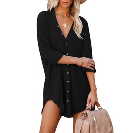 Paintcolors Women's Long Sleeve Button Down Tunic Dresses Beach Cover-ups Oversized Blouse Tops with Pockets-Black XXL