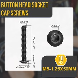 DTGN M8-1.25x50mm Button Head Socket Cap Screws - 10Pack - Good for Road Bicycle, Mountain Bike, Auto, Motorcycle - Carbon Steel Black Oxide - Hex Drive Fasteners