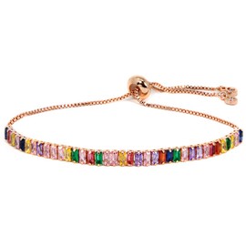 by you Women Fashion Cubic Zirconia Charm Tennis Adjustable Pull String Bracelet Gold Silver Color (Multi Rectangle 4mm - Rose Gold)