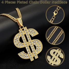 WTTUOAM 4 Pieces Plated Chain Dollar Necklace for Men with Dollar Sign Pendant Necklace, Dollar Necklace (Gold)