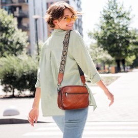 Iswee Crossbody Bags for Women Genuine Leather Shoulder Purse Satchel Bags Leather Purse and Handbags with Adjustable Guitar Strap(Coffee)