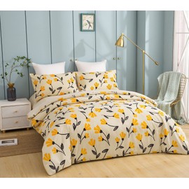 DaDalogy Bedding 9-Pieces Ivory Floral Duvet Cover Fitted Flat Bed Sheets Set - Yellow Fleur Golden Orange Botanical Pillow Cases & Window Curtain Valances - King Size Bundle