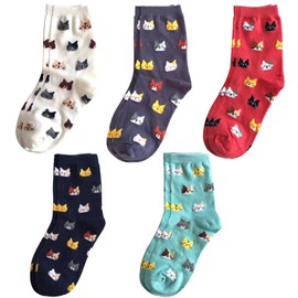 Rumnoke 5 Pairs Women Socks Cotton Thermal Warm Crew Socks Colorful Patterns Ladies Sock Cat