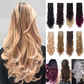 WEICHENS Women Clip in Hair Extensions 16 Clips Full Head Thick Double Weft Synthetic Hair Wavy Curly Hairpieces