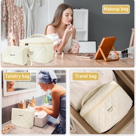 Large Makeup Bag Floral Cosmetic Bag Quilted Flower Travel Makeup Toiletry Bags Set Organizer Cotton Cute Make Up Accessories Zipper Bags Pouch Travel Essentials Gifts for Women Teen Girls Beige