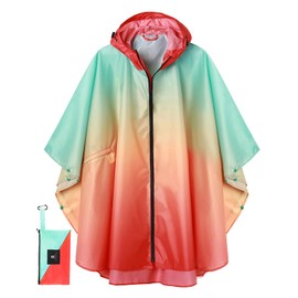SaphiRose Adults Rain Poncho Waterproof Raincoat Women Gradient Hood with Pocket(Gradient Green Red)