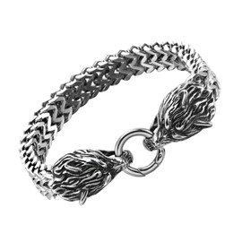 HFUHLK Wolf Fenrir Bracelet, Vintage Nordic Scandinavian Celtic Pagan Amulet Jewellery, Stainless Steel Biker Curb Chain Wolf Head Link, Stainless Steel