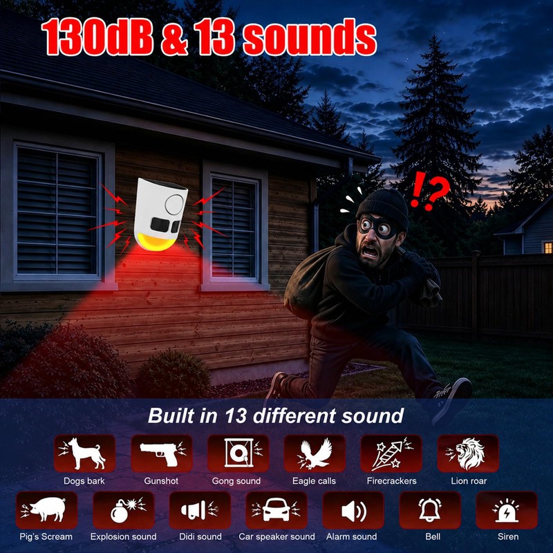 Solar Motion Sensor Alarm with Strobe Light, 130dB Outdoor Security