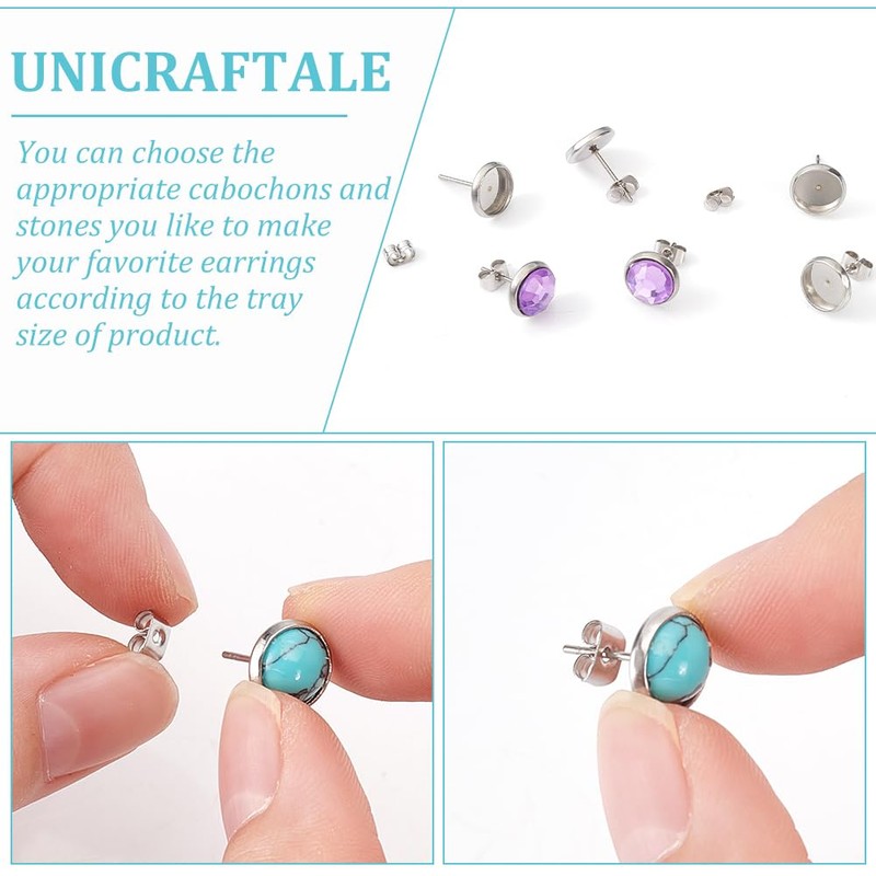 UNICRAFTALE 200pcs Flat Round 304 Stainless Steel Stud Earring Cabochon
