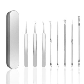 Arvoni 8 Stück Pickel Ausdrücken Werkzeug, Mitesserentferner Komedonenquetscher Set, Edelstahl Mitesser Pinzette Akne Pickel mit Kunststoffbox, Blackhead Remover für Nasen-Gesichtspflege