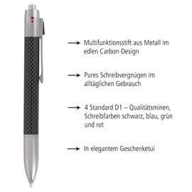 ONLINE 4-Color Ballpoint Pen Carbon │ Multifunctional biro │ Four Standard Medium Refills - Blue, red, Green, Black │ refillable Twist Pen │ Ball Pen in Elegant Black Carbon Design with Gift Box