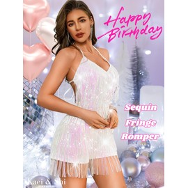 Kaei&Shi Sequin Fringe Romper,Sparkly Glitter Metallic Jumpsuits For Women,Backless Shorts Dress Disco Birthday Dance Outfit,White,Medium