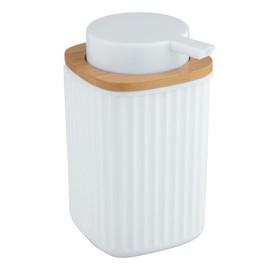 WENKO Rotello Soap Dispenser, Refillable Dispenser for 250 ml Liquid Soap, Made of High-Quality Plastic with Bamboo Detail, Also Suitable for Dishwashing Liquid, 8.9 x 12.7 x 7.5 cm, White/Natural