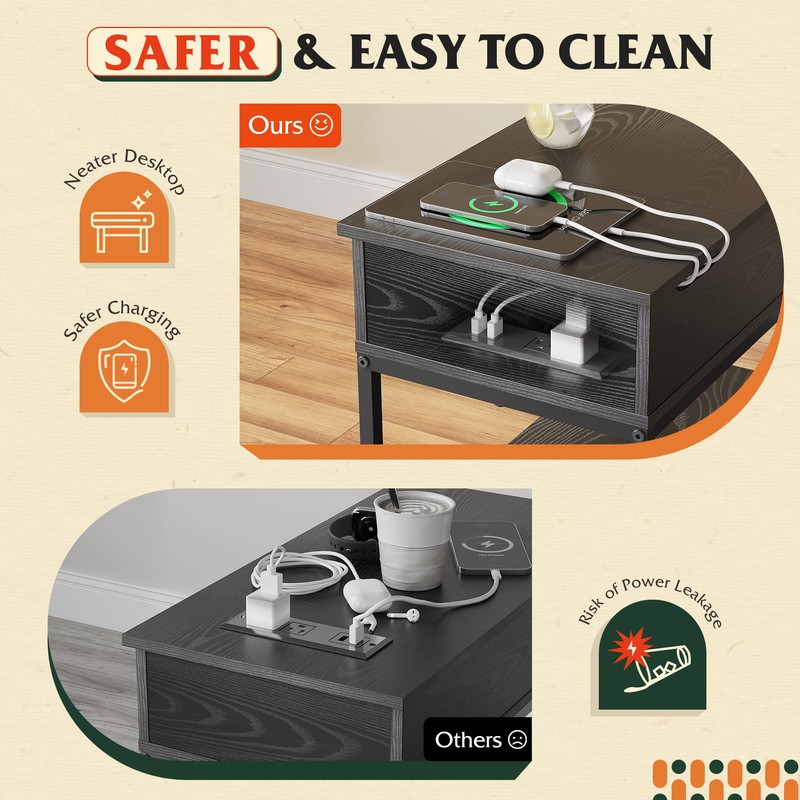 WLIVE Narrow Side Table with 2 USB Ports and 2