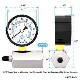 MEANLIN MEASURE 0~100Psi 2" Steel Double Graduated Air Test Pressure Gauges, 3/4" FNPT Connection, -3-2-3% Accuracy