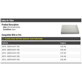 Marketplace Auto Parts Ford F-150 Cabin Air Filter - Compatible with 2015-2020 Ford F-150 3.3L, 3.0L, 2.7L, 3.5L, 5.0L V6/V8