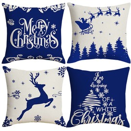 Artmag 18x18 Blue Merry Christmas Throw Pillow Covers,Farmhouse Decorative Outdoor Christmas Pillow Shams Cases Slipcovers Set of 4 for Couch Sofa