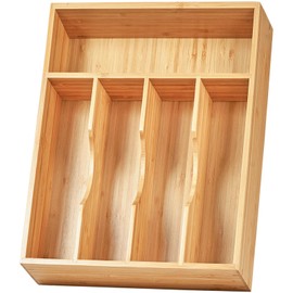Umilife Kitchen Drawer Organizer, 10 Inch Silverware Utensil Tray Holder, Extra Deep, with Non-Slip Feet & Grooved Drawer Divider, 5 Slots Total Bamboo Wood Caddy for Flatware Cutlery Knives