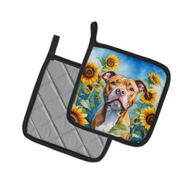 Caroline's Treasures Pit Bull Terrier in Sunflowers Pair of Pot Holders Kitchen Heat Resistant Pot Holders Sets Oven Hot Pads for Cooking Baking BBQ, 7 1/2 x 7 1/2