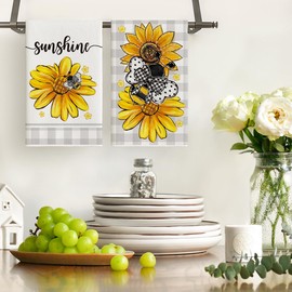 Artoid Mode Buffalo Check Sunflowers Bees Spring Kitchen Towels Tea Towels, 42 x 65 cm, Summer Sunshine Decoration, Polyester Hand Towels, Set of 2