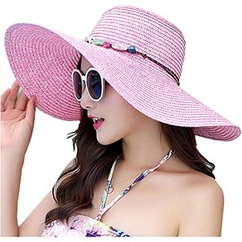 Lanzom Ladies Wide Brim Foldable Roll Up Straw Hat UPF 50+, 09A-Pink