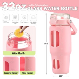 BLUEGO 32oz Glass Water Bottle with Handle and Straw|Leakproof Sports Glass Bottle with Time Marker and Silicone Sleeve|Glass Drinking Bottle for Travel, Gym, Workout, Pink