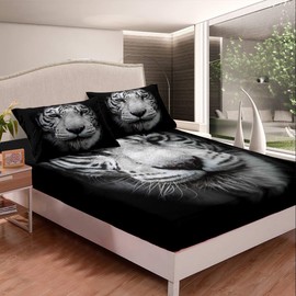 Women Tiger Bedding Set Men Wild Animal Theme Fitted Sheet for Boys Girls Teens Black White Wildlife Style Bed Sheet Set Breathable Safari Cat Bed Cover Room Decor Double Size
