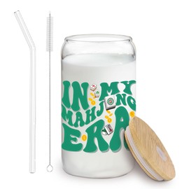 Zomhix Mahjong Gifts Glass Cups - Mahjong Gifts for Women, Glass Cup with Lids and Straws 14oz