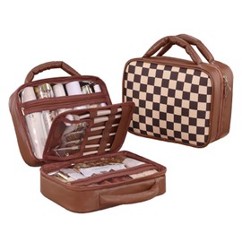WREWING Travel Makeup Bag，3in1 Checkered Portable Cosmetic Bags，Waterproof Toiletry Bag with Brush Holder, PU Leather Large Capacity Makeup Organizer, Cosmetic Storage Bags for Mother Women Girls,